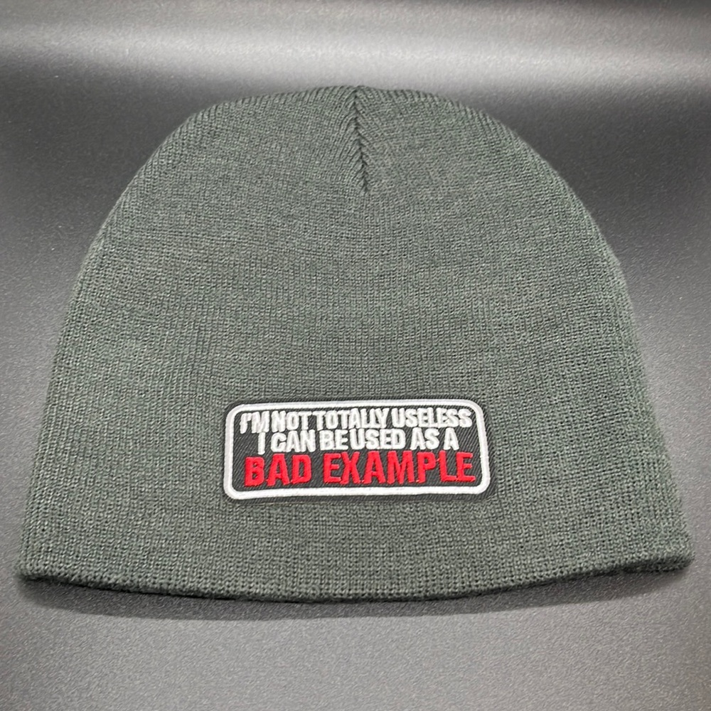 Gray I am not totally useless I can be used as a bad example patch beanie.